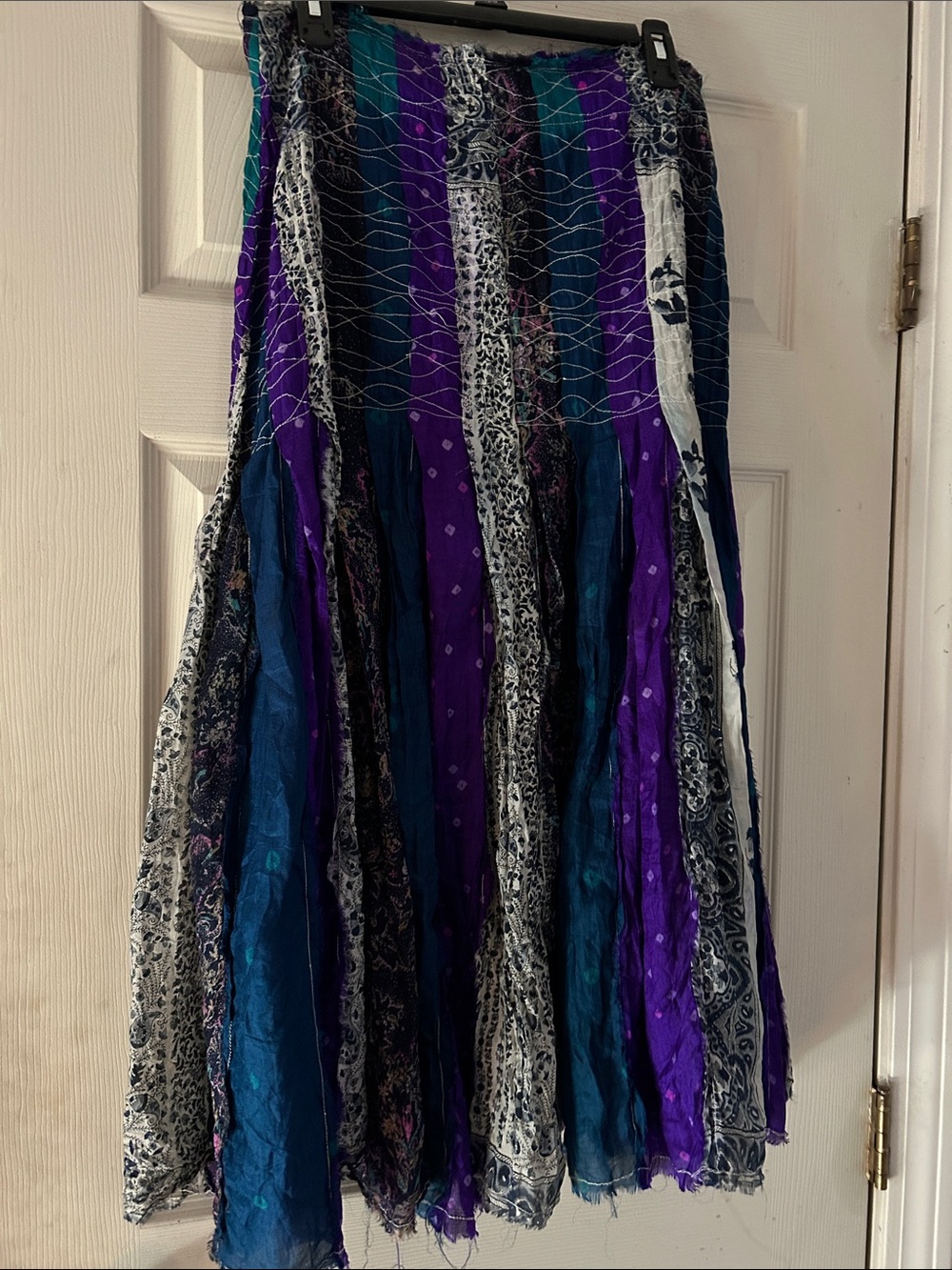 Silk Bohemian Handmade Patchwork Maxi Skirt in Purple, Teal & Blue Medium